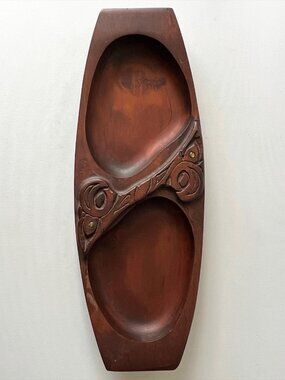 Vintage Maori Hand Carved Solid Wood Tray Paua Shell Inlay New Zealand MCM